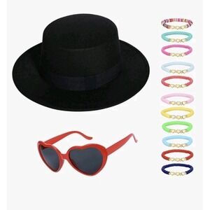 Black Fedora Hat Red Heart Sunglasses Friendship Bracelets Adult Teen Costume
